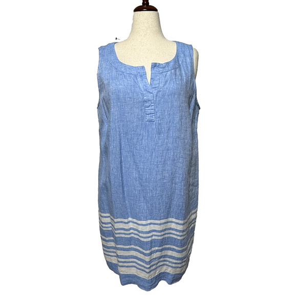 Talbots Linen Dress 16W Petite Blue White Shift Sleeveless Knee Length Beachy - Picture 1 of 10